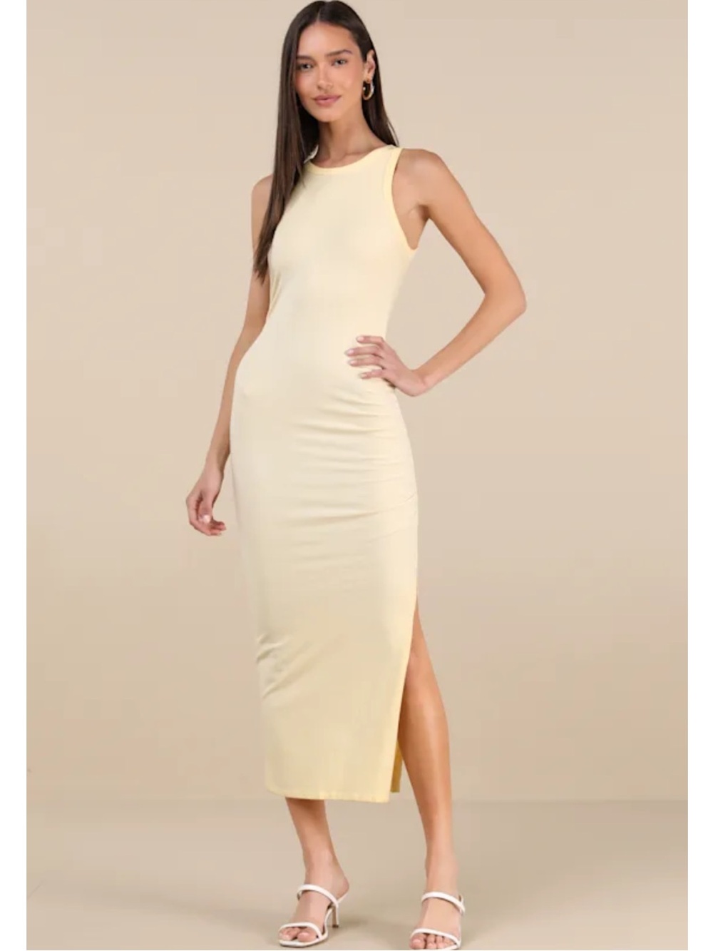 Lulus Lavina Light Yellow Jersey Cotton Knit Bodycon Sleeveless Midi Dress M